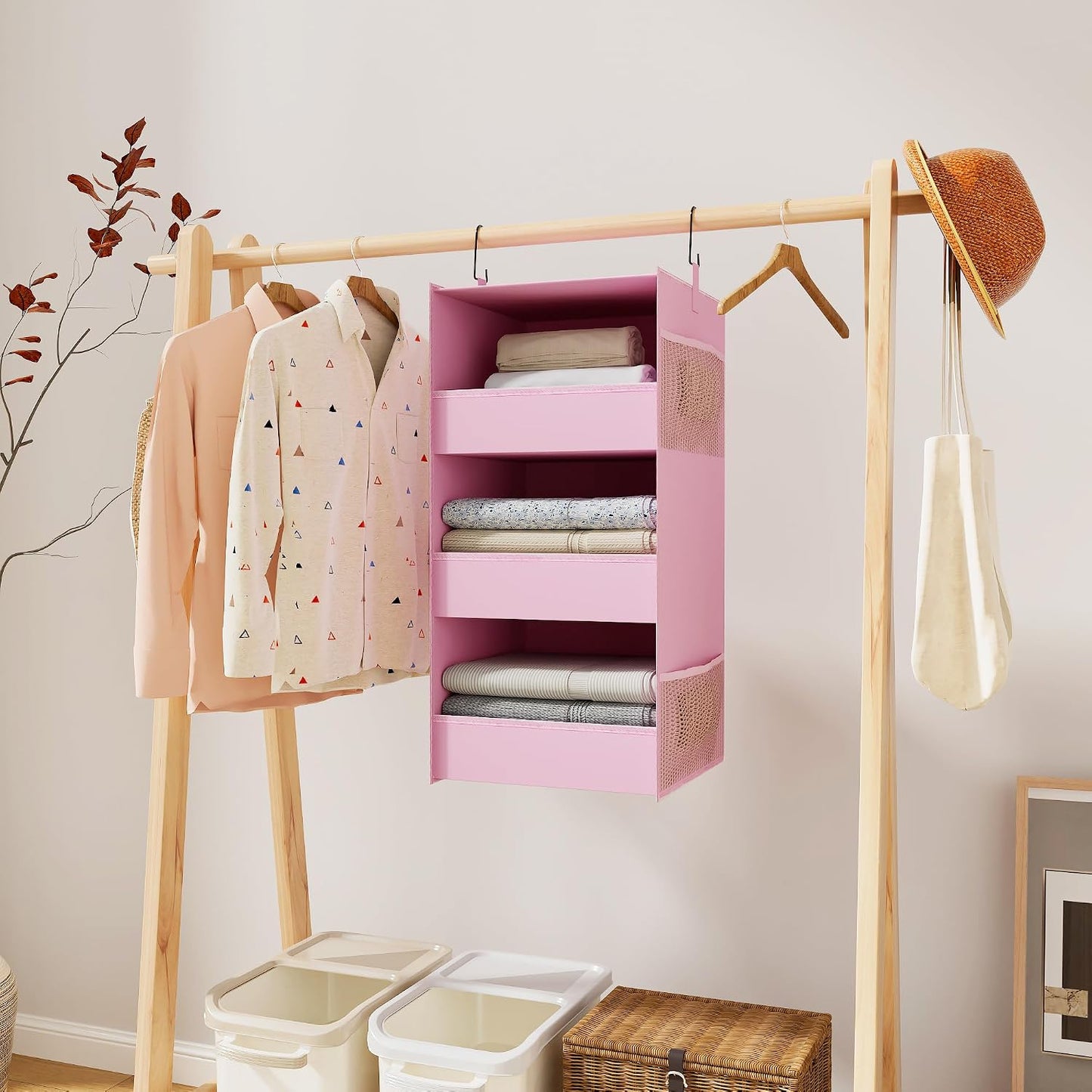 3-Shelf Hanging Closet Organizer, Washable Foldable Storage, Dark Gray | Front lip keeps items secure; side pockets add room; Oxford fabric handles towels, shirts, baby items, dorms, RVs or travel.
