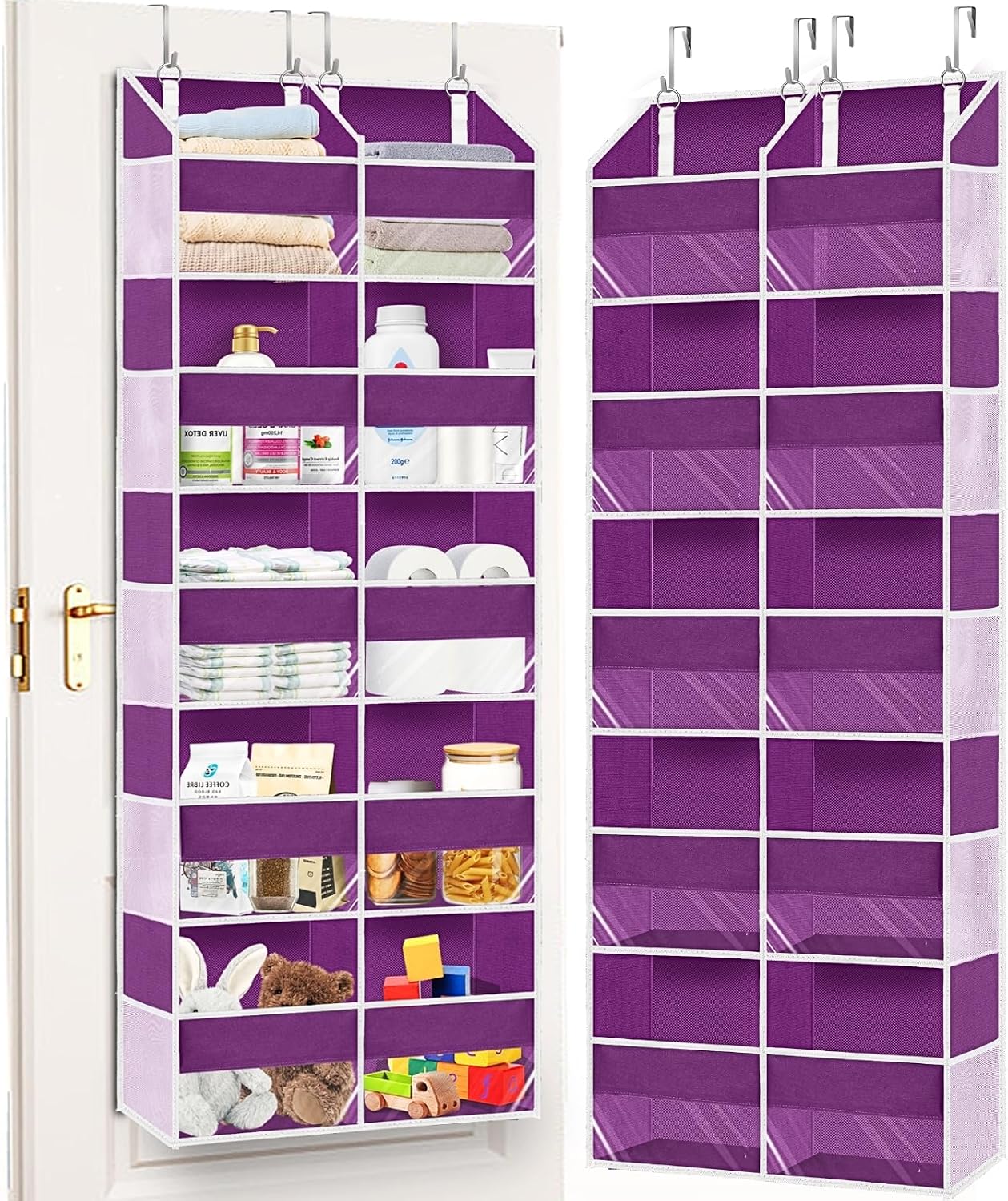 Over The Door Organizer, 5-Tier Extra Large Behind Door Storage with 10 Big Front & 10 Mesh Pockets, 80lb Capacity, Hanging Storage Organizer with Clear Window Kids Toys, Shoes, Diapers, Light Grey