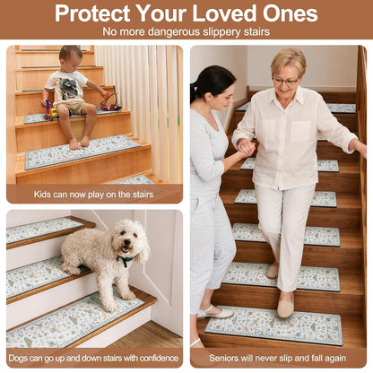 OJIA Insect Print Stair Treads Non Slip Stair Runners for Wooden Steps Indoor, 15PCS 8"x30" Rubber Backing Carpet Treads for Wood Stairs Staircase Step Treads for Kids & Dogs, Stair Covers, Black