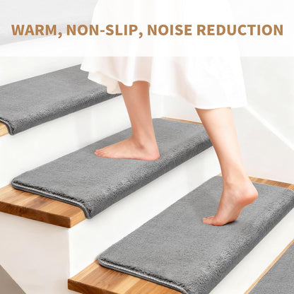 Bullnose Stair Treads Non Slip 9.5" x 32", 14 Pcs Ultra Plush Carpet Stair Treads for Wooden Steps Indoor with Edge Protection, Reusable Peel and Stick TPU Backing Stair Runner Rugs - Beige Gray