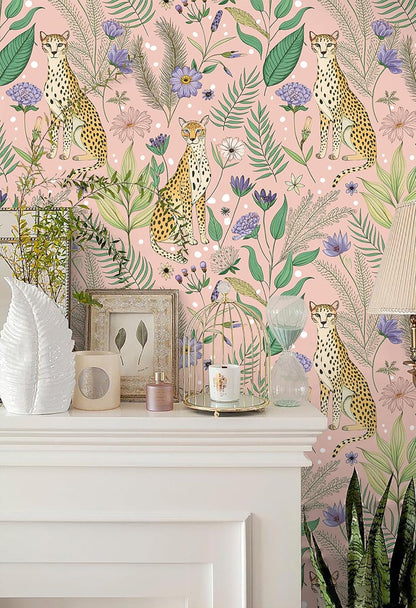 Floralplus Peel and Stick Wallpaper Leopard Jungle Removable Wallpaper for Bathroom Renter Friendly Wallpapers Self Adhesive Animal Floral Contact Paper for Accent Wall 17.5 x 118 in