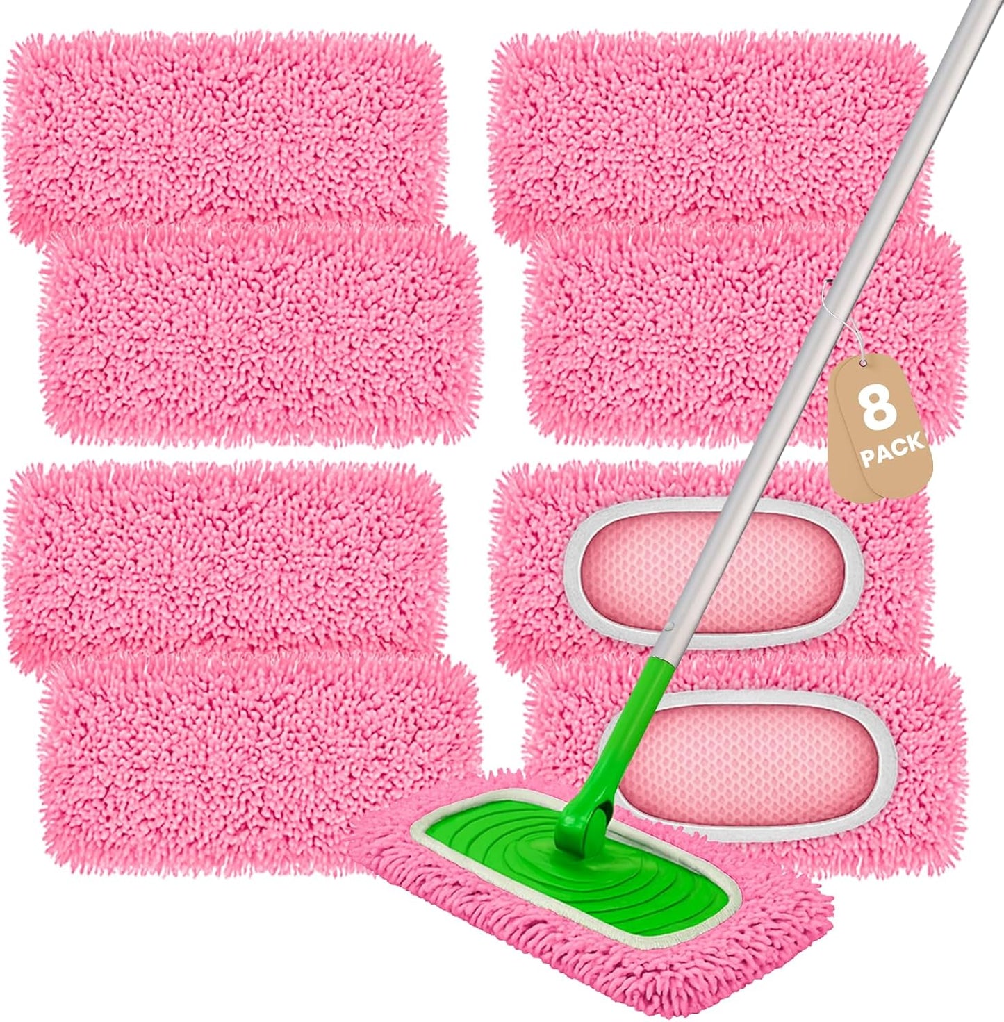 8 Pack Chenille Mop Pads, Reusable Microfiber Mop Refills for 10''–12'' Flat Mops, Washable Wet & Dry Floor Pads for Hardwood, Tile, Compatible with Swiffer Sweeper（Pink）