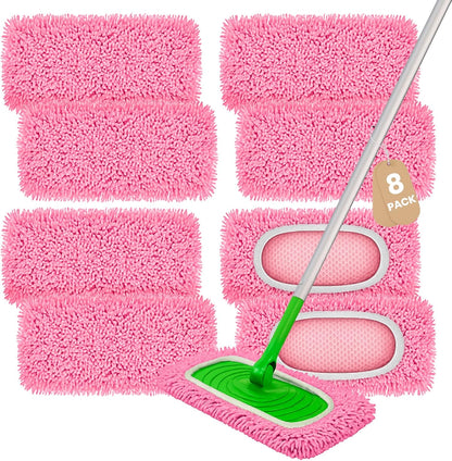 8 Pack Chenille Mop Pads, Reusable Microfiber Mop Refills for 10''–12'' Flat Mops, Washable Wet & Dry Floor Pads for Hardwood, Tile, Compatible with Swiffer Sweeper（Pink）
