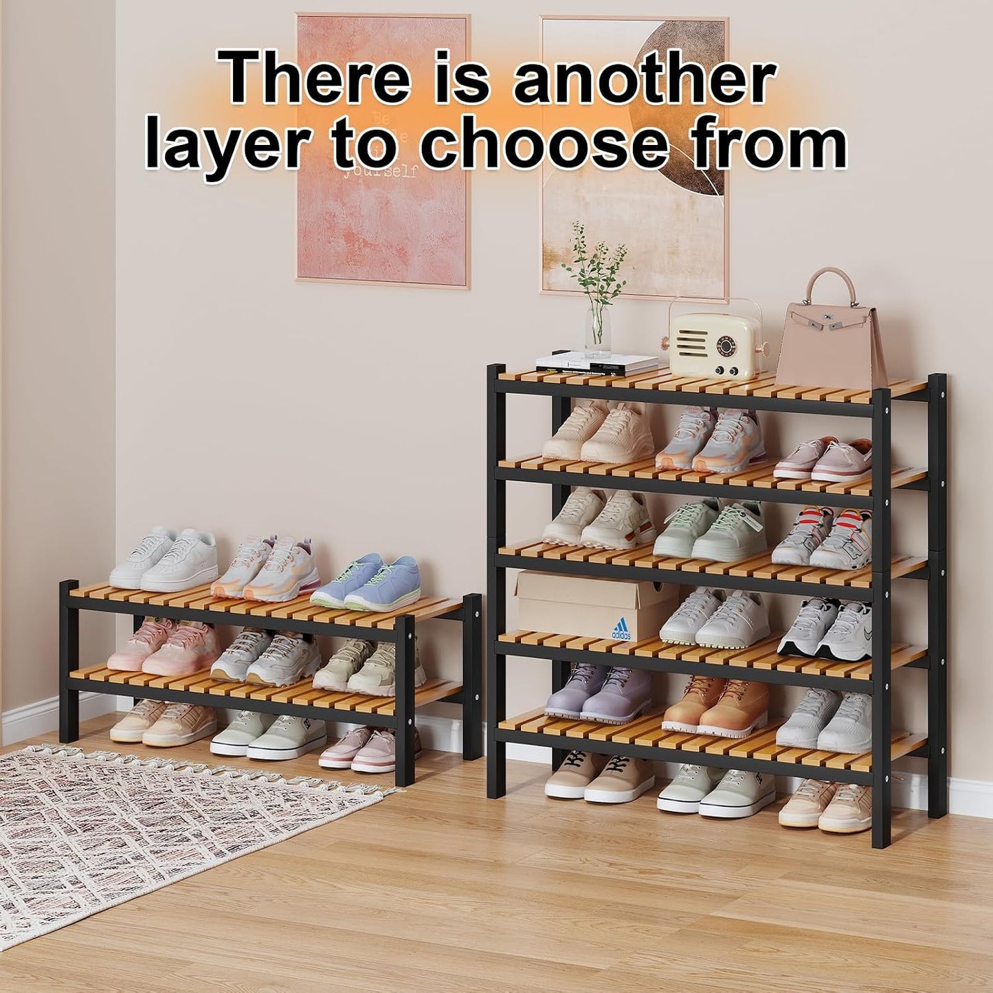 Bamboo Shoe Rack Organizer for Closet and Entryway - Space-Saving Narrow Shoe Stand - Versatile Shoe Holder for Door or Closet Shelf, Garage Bedroom can Freely Stack DIY Small Shoe Racks 3 Tier