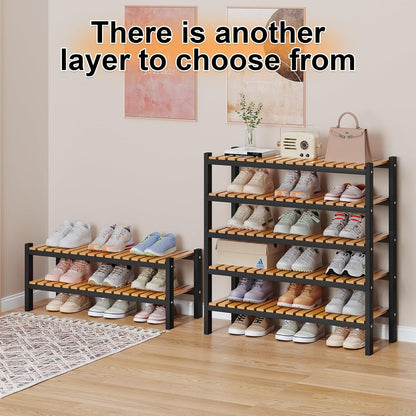 Bamboo Shoe Rack Organizer for Closet and Entryway - Space-Saving Narrow Shoe Stand - Versatile Shoe Holder for Door or Closet Shelf, Garage Bedroom can Freely Stack DIY Small Shoe Racks 3 Tier