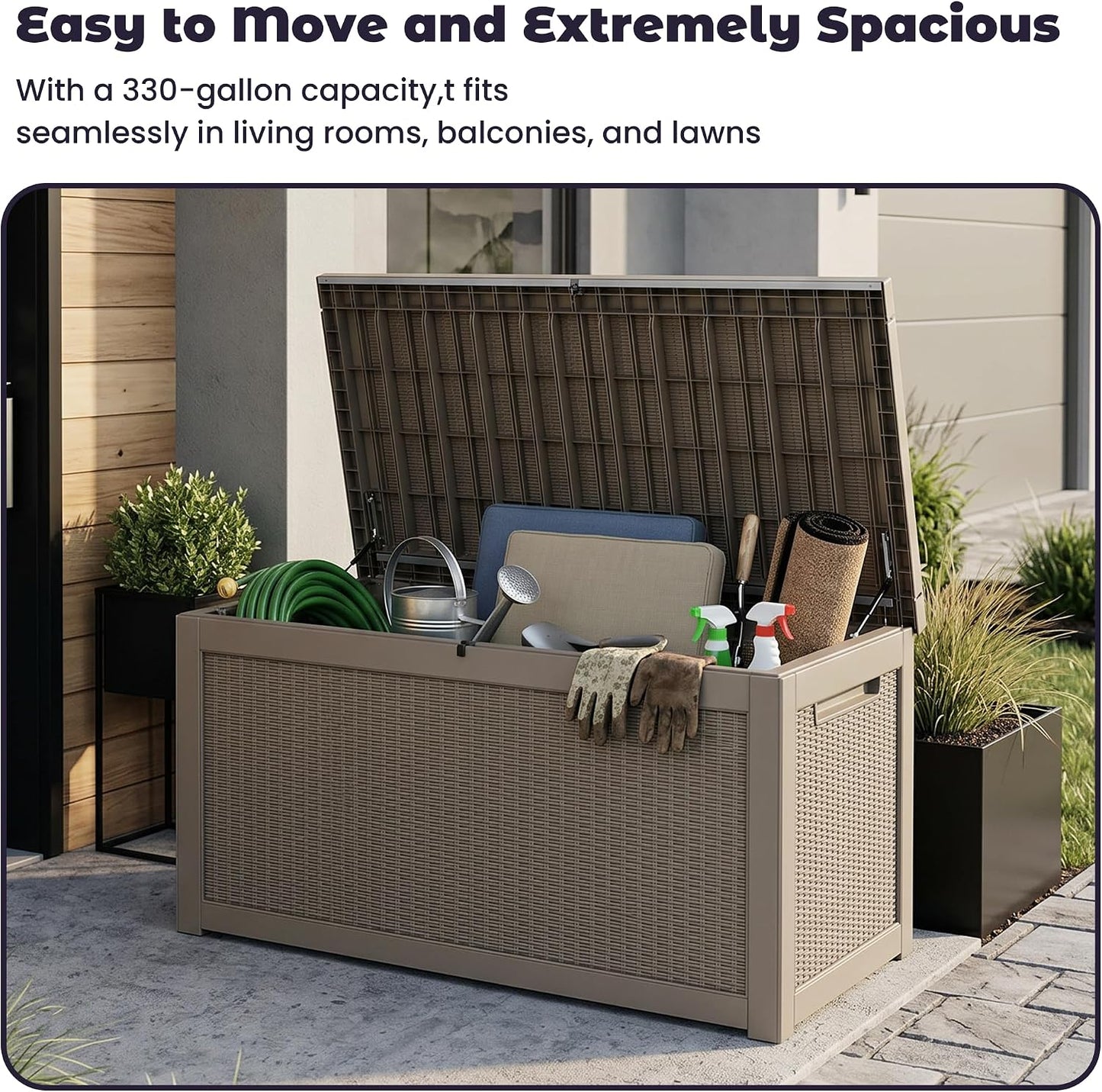PatioZen 50 Gallon Deck Box Outdoor, Weatherproof Resin Patio Storage Box, Waterproof Outdoor Storage Boxes with Lid Lockable for Cushions, Garden Tools,Grey
