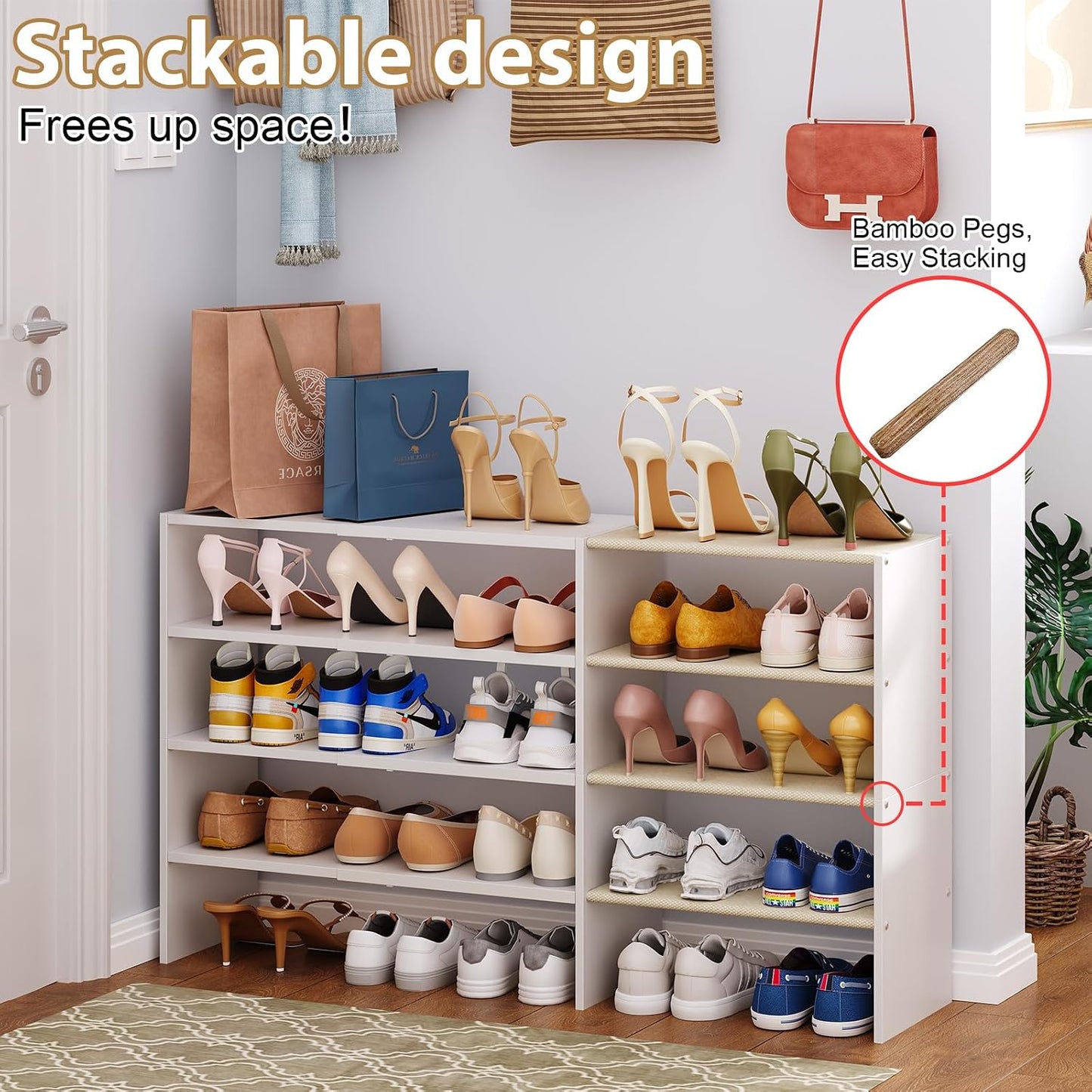 X-cosrack 2 Pack 2-Tier Shoe Rack Organizer for Closet, Expandable and Adjustable White Shoe Rack, Stackable Iron Wood Combination Shoe Storage Shelves for Closets, Entryway, Small Space, Garage