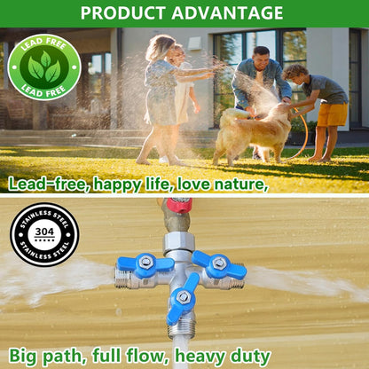 304 Stainless Steel Garden Hose Splitter 2 Way Heavy Duty, Full Flow Hose Y Splitter with Long Handle,Lead-free Y Valve Water Garden Hose Adapter,3/4" GHT Threads