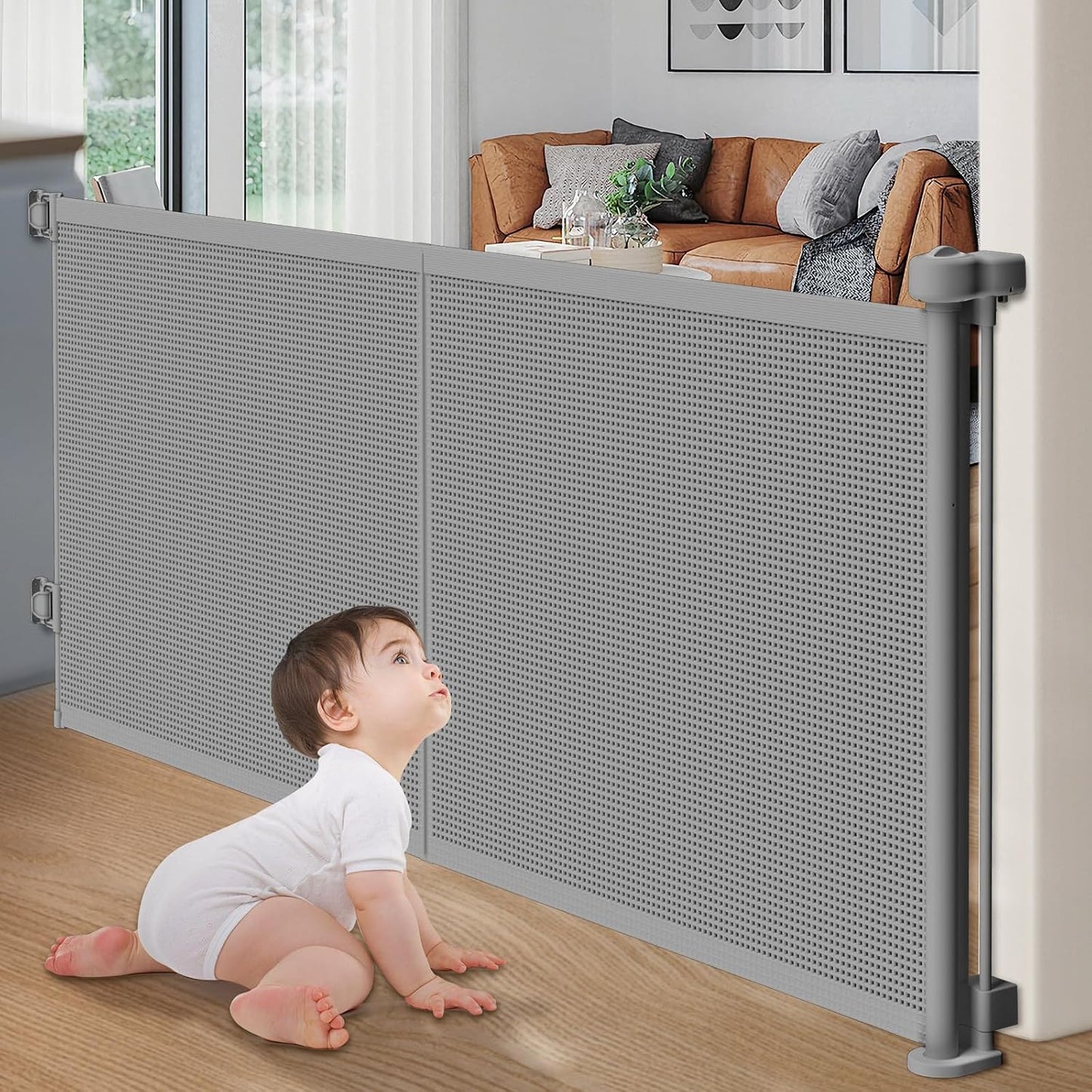 Pawtners Retractable Baby Gates Extra Wide, 41" Tall Extends up to 71" Wide, Dog Gate Indoor for Stairs, Pet Gate with Support Rods for Doorways Hallways Indoor & Outdoor-Black