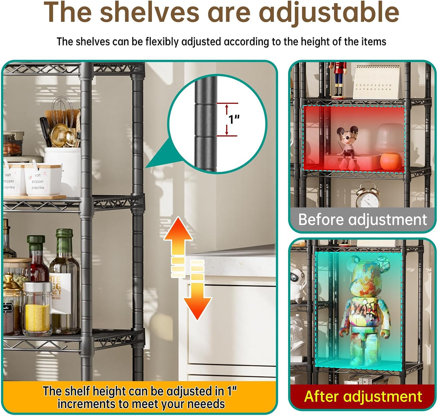 Golpart 4 Tier Adjustable Storage Shelves Metal Utility Shelf Wire Shelving Unit Organizer Rack for Home Kitchen Office Bathroom Pantry Room 12" D x 18" W x 44" H