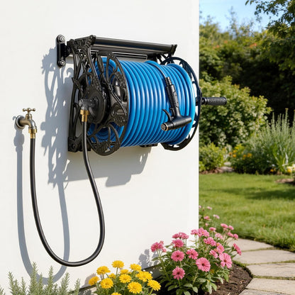 VEVOR Wall Mounted Garden Hose Reel, Holds 125 ft 5/8-inch Hose, Heavy-Duty Water Hose Winder, Space-Saving Design, Outdoor Manual Reel with Brass Fitting and Storage Basket for Yard Lawn