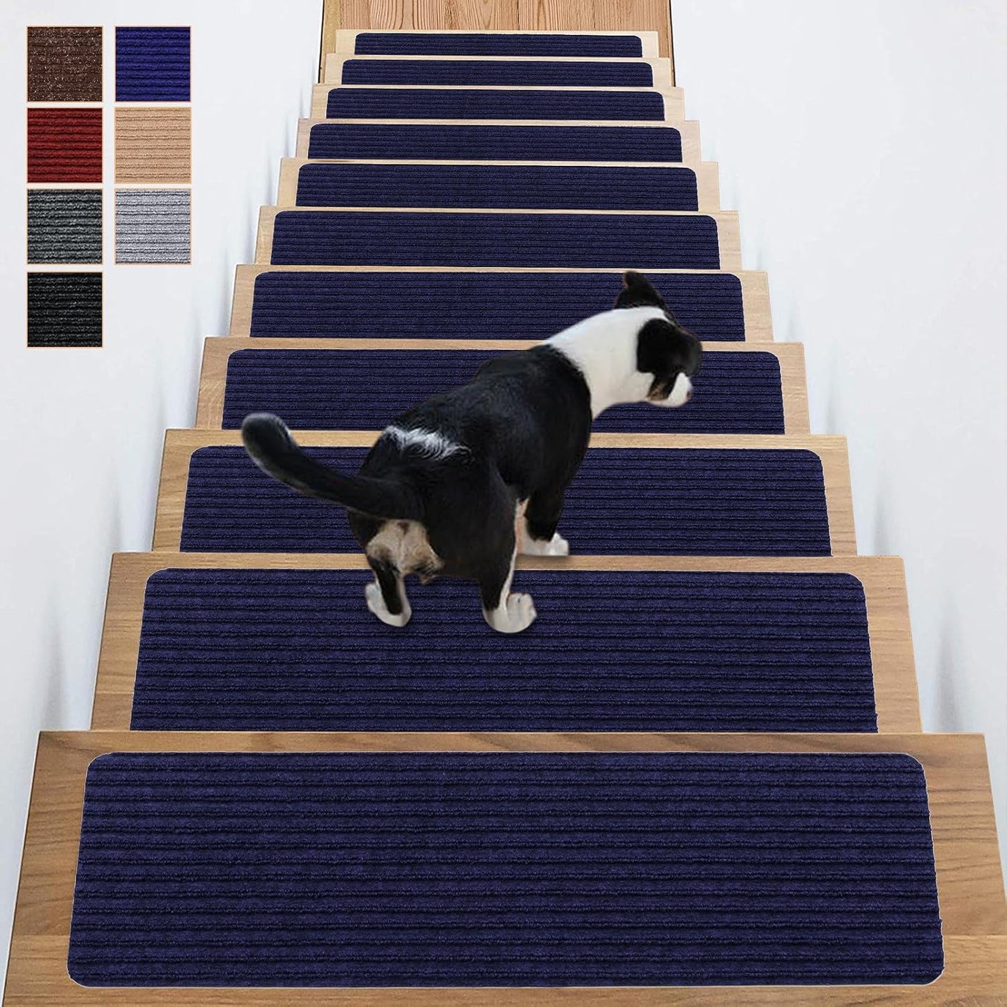 Stair Treads Non-Slip 16 Pack 8"x30" - Carpet Stair Runner for Indoor Wooden Steps with TPE Backing & Anti-Skid Surface, Reusable Adhesive Safety Rug for Kids/Elder/Pet-Friendly - Brown