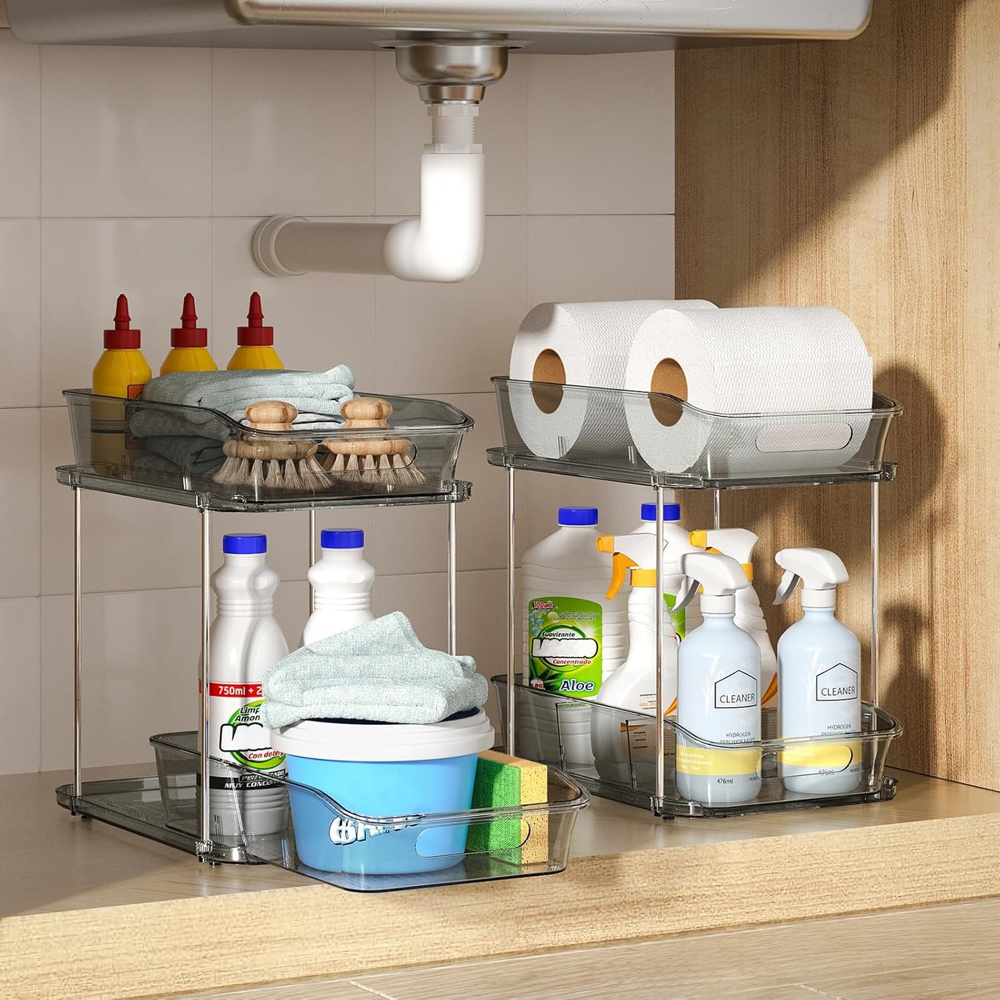 Delamu 2-Tier Under Sink Organizers and Storage, Multi-Purpose Stackable Bathroom Cabinet organizers, Pull Out Kitchen Pantry Organization and Storage with Dividers(2 Pack, Clear)