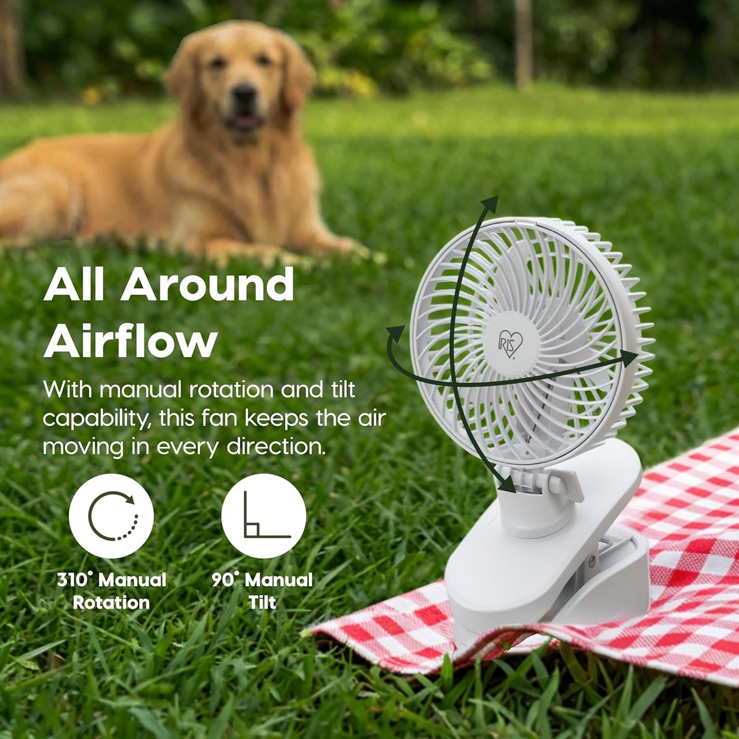 IRIS USA WOOZOO 3.5" Cordless Portable Clip On Fan, USB-C Rechargeable Fan, LED Light, Mosquito Repellent Tray, 360° Tilt, 3 Speeds,Bedside Kitchen Camping Golfing Outdoor Use, Black