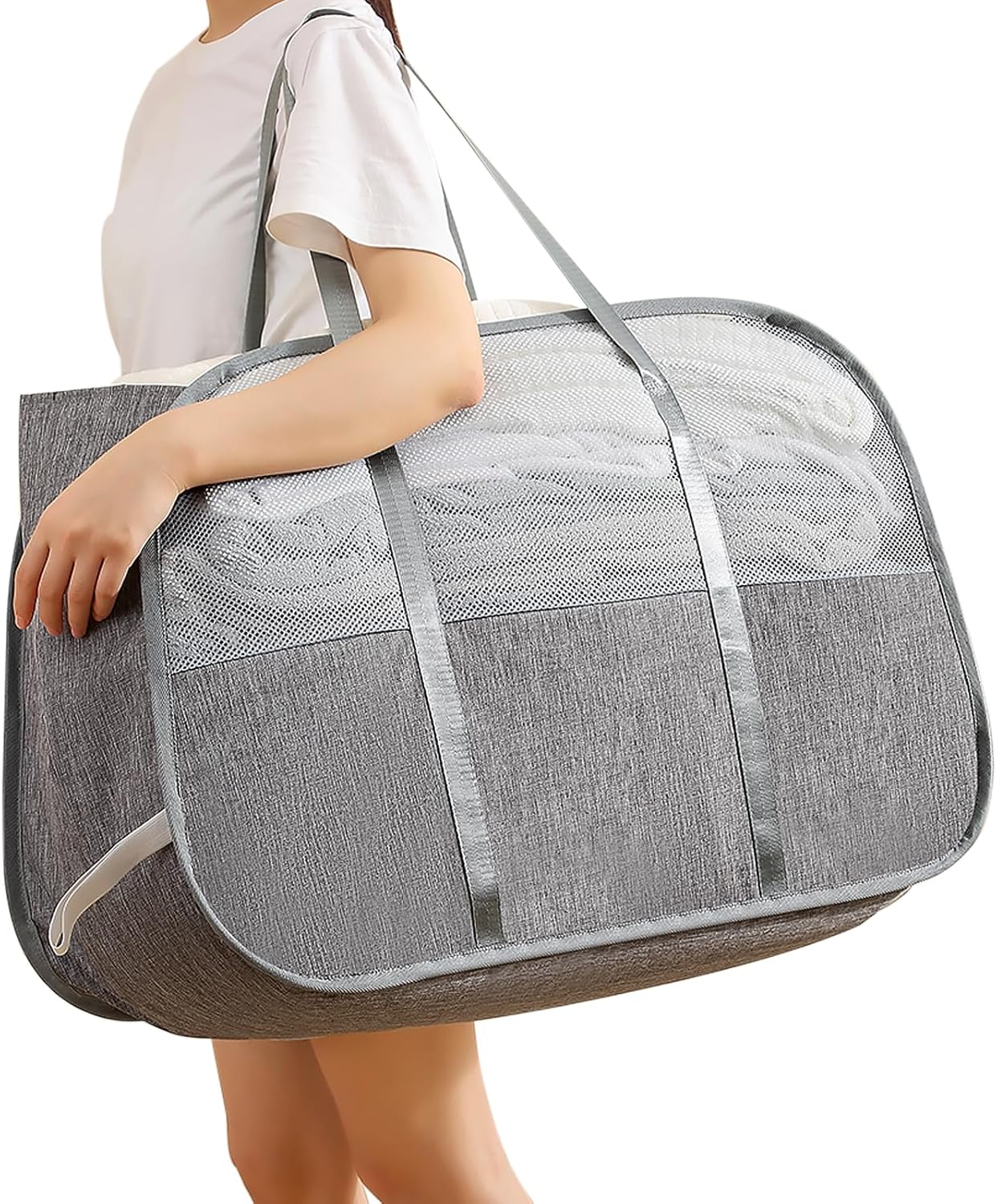 Collapsible Laundry Baskets with 3 Compartment, 150L Tear-proof Pop Up Hamper, Foldable Laundry Basket with Tote Handles, Dirty Clothes Hamper for Laundry, Bedroom, Bathroom, Dorm Grey
