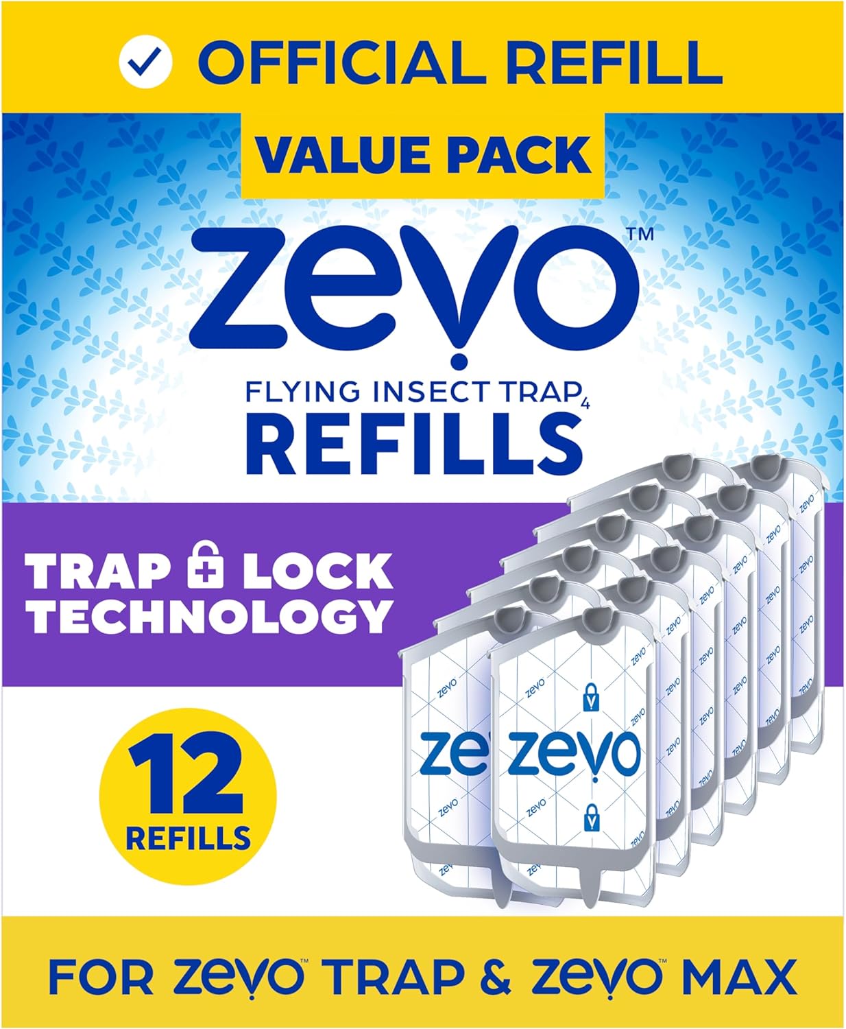 Zevo Flying Insect Trap Official Refill Cartridges - Fits Zevo Trap and MAX Indoor Fly Trap, Trap+Lock Technology Fly Trap Refill for Gnats, House Flies & Fruit Flies (8 Official Refill Cartridges)