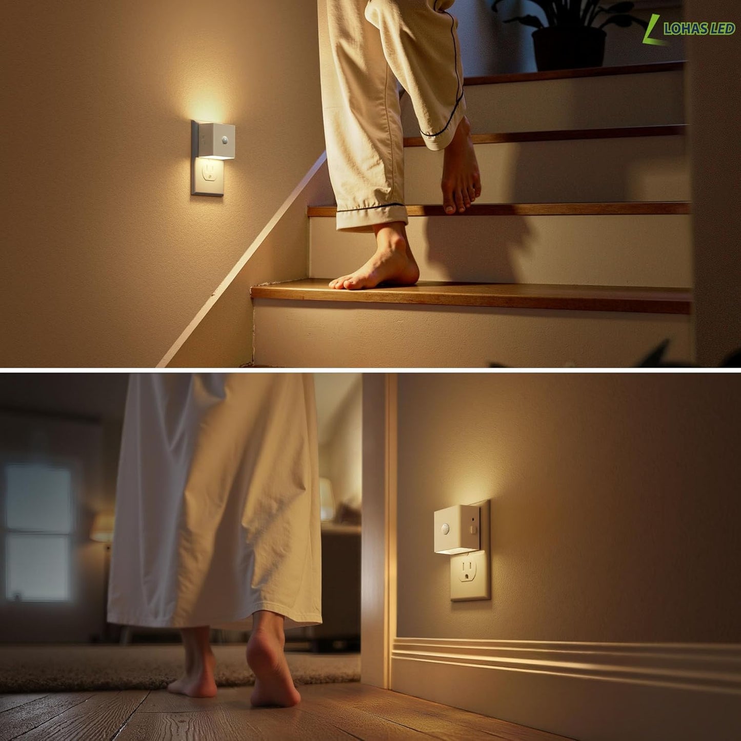 L LOHAS LED Motion Sensor Night Light, [2-Pack] Plug in Night Light with Motion Sensor and Dusk to Dawn Sensor, Brightness Adjustable, 3000K Soft White Nightlight for Bathroom Hallway Kitchen
