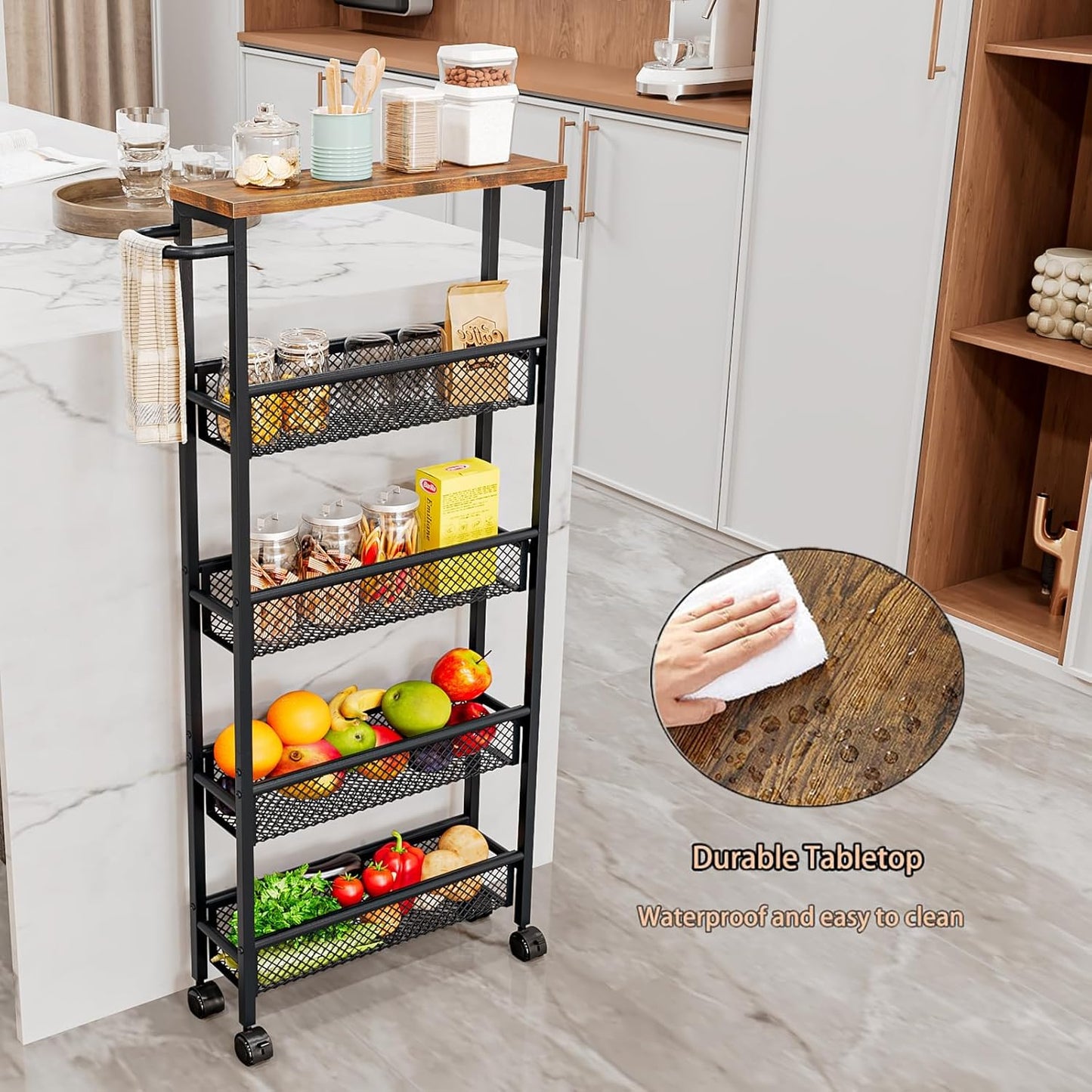 AZERPIAN Slim Rolling Cart 4 Tier Narrow Storage Cart on Wheels with MDF Board Top and Metal Handle for Small Space Kitchen Living Room Home Office Pantry Bathroom Laundry Room(16.54×5.12×30.31 inch)