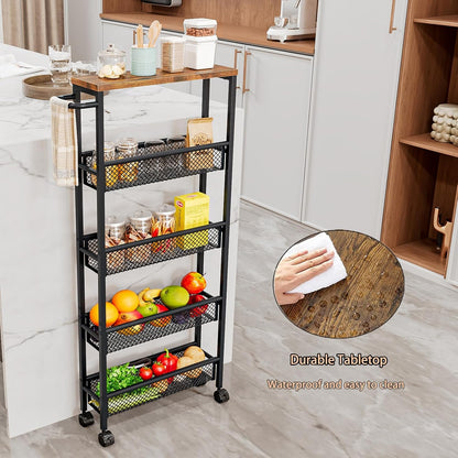 AZERPIAN Slim Rolling Cart 4 Tier Narrow Storage Cart on Wheels with MDF Board Top and Metal Handle for Small Space Kitchen Living Room Home Office Pantry Bathroom Laundry Room(16.54×5.12×30.31 inch)
