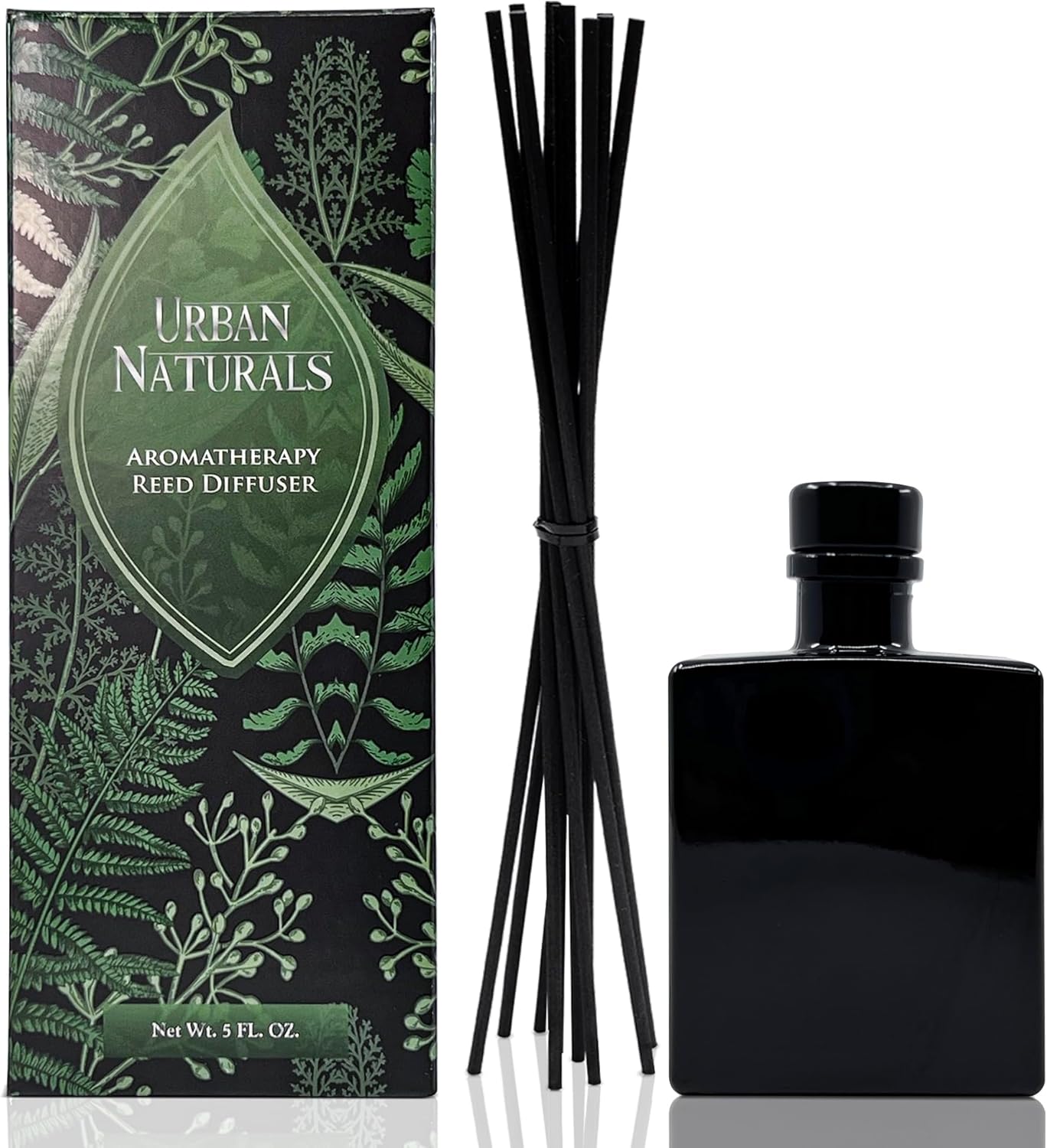 Urban Naturals Smoked Vanilla Reed Diffuser Set with Vanilla Bean, Sandalwood & Leather – 5 Ounce Sleek Black Rectangular Refillable Glass Bottle – Made in the USA