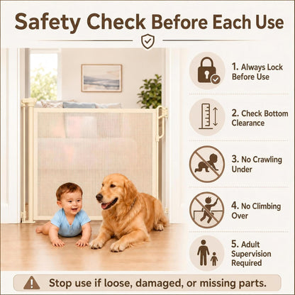 SPACEANY Retractable Safety Baby Gate or Mesh Dog Gate,Durable Portable Mesh Retractable Gate,Easy to Use for Stairs, Doorways, Hallways, Indoor, Outdoor, 33.5" Tall, Up to 45" Wide, Cream