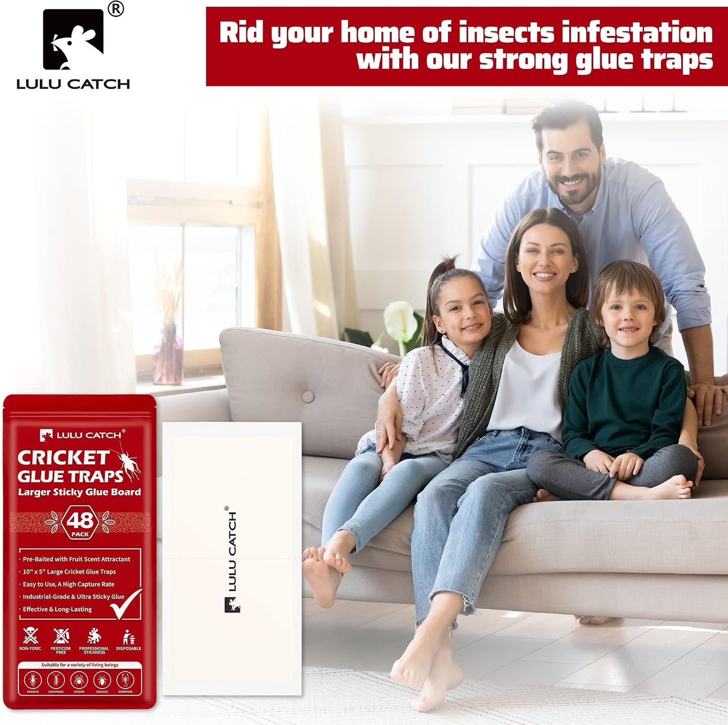 LULUCATCH Cricket Insect Glue Traps - 6 Pack Bug Cockroach Sticky Traps, Large Spider Trap with Pre-Baited Attractant, Highly Effective Glue Boards Indoor, Non-Toxic Pet Safe, Easy to Use