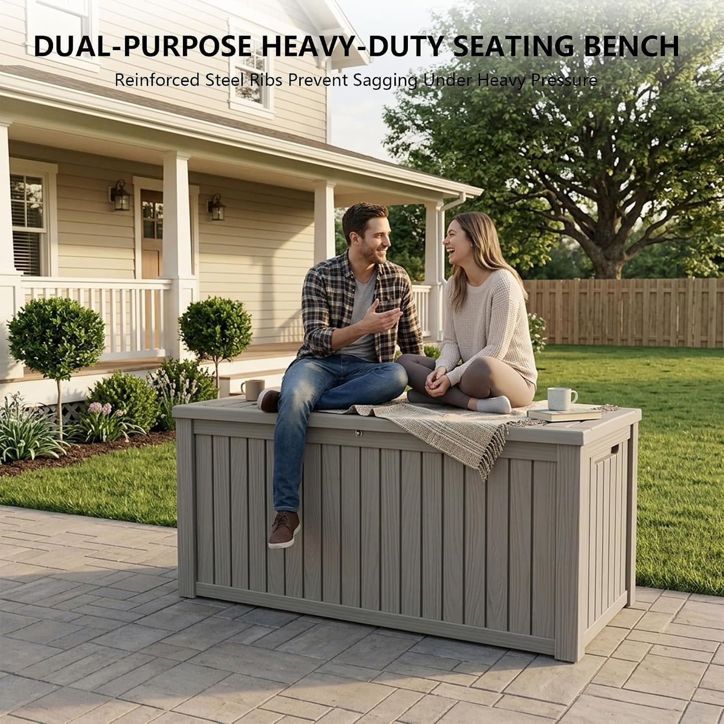 Outdoor Storage Box, 320 Gallon Waterproof Deck Box [Upgraded 3.0], Dual Gas-Spring Ultimate Resin Organizer for King Cushions, Heavy-Duty Lockable Estate Storage Bench, Backyard BBQ, Black
