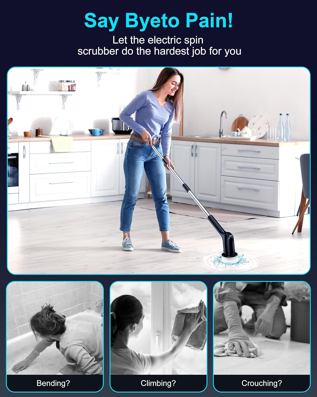 Shower Scrubber with Long Handle, Electric Spin Scrubber for Cleaning Bathroom, Cordless Cleaning Brush with IPX7 Waterproof & 2 Speed, Cleaning Supplies for Shower Tub Kitchen Tile Toilet