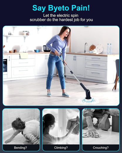 Shower Scrubber with Long Handle, Electric Spin Scrubber for Cleaning Bathroom, Cordless Cleaning Brush with IPX7 Waterproof & 2 Speed, Cleaning Supplies for Shower Tub Kitchen Tile Toilet