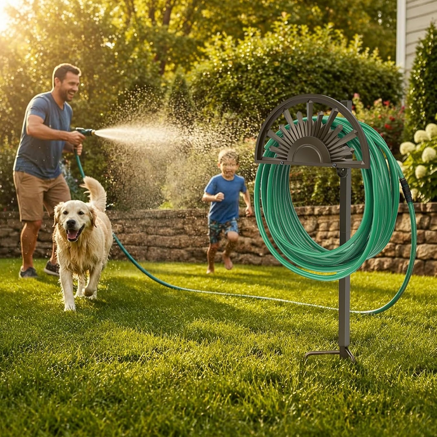 GOFORWILD Garden Hose Holder Holds 125-Feet of 5/8-Inch Hose Guage Steel | Decorative Hose Hanger Wall Mounted for Outside Yard Lawn Farm Heavy Duty Gift