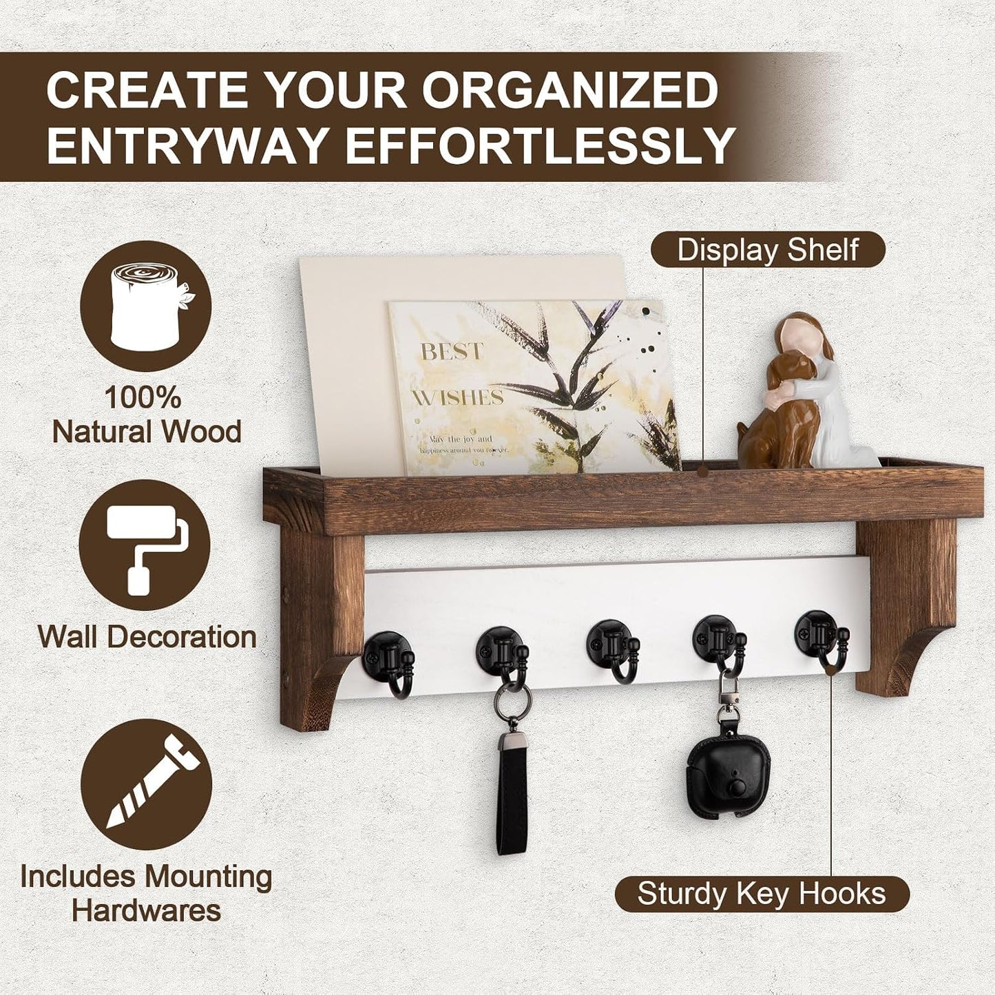 Key and Mail Holder Wall Mount, Key Holder with Shelf and Mail Organizer Wall Mount. Mail Holder with 5 Hooks for Coat, Dog Leash, Home Decor Rack, Entry Way Organizer (White)