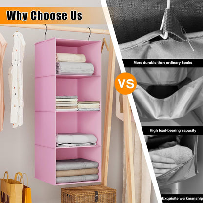 Hanging Closet Organizer 3-Shelf, Oxford Fabric Wardrobe Storage, Gray | Easy-mount foldable design holds clothes, handbags, shoes & accessories; washable Oxford fabric, sturdy and space-saving.