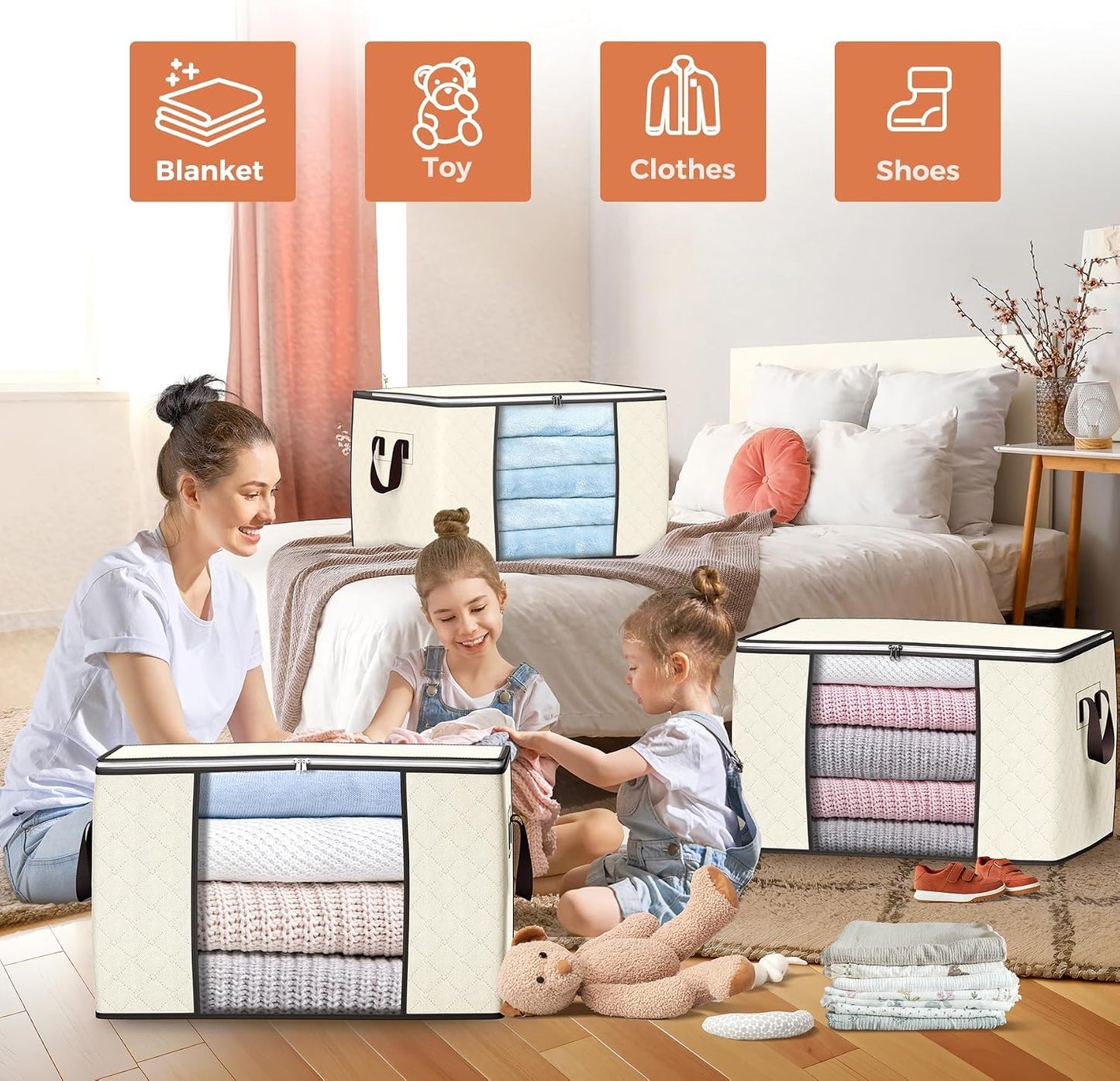 90L Large Storage Bags, 6 Pack Clothes Storage Bins Foldable Closet Organizers Storage Containers with Reinforced Handle for Clothing, Blanket, Comforters, Bed Sheets, Pillows and Toys (Gray)