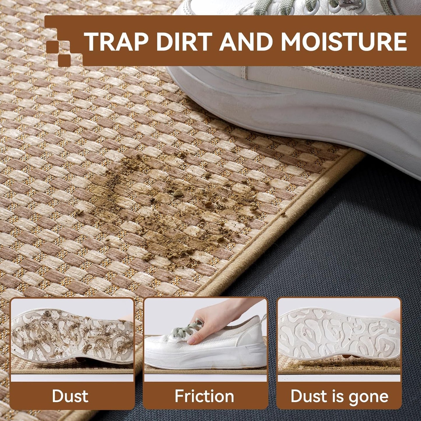 Front Door Mat 17''x30'', Absorbent Dirt Resist Washable Non Slip Low-Profile Indoor Doormat, Easy Clean Welcome Entryway Door Mats, Brown