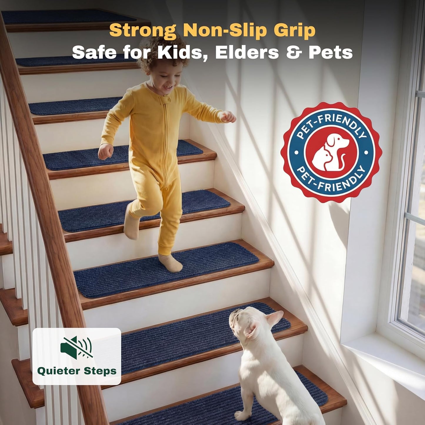 MBIGM 8" X 30" (15 in Pack) Nonslip Carpet Stair Treads Non-Skid Safety Rug Slip Resistant Indoor Runner for Kids Elders & Pets with Reusable Adhesive - Brown - Non Slip Stair Treads Indoor