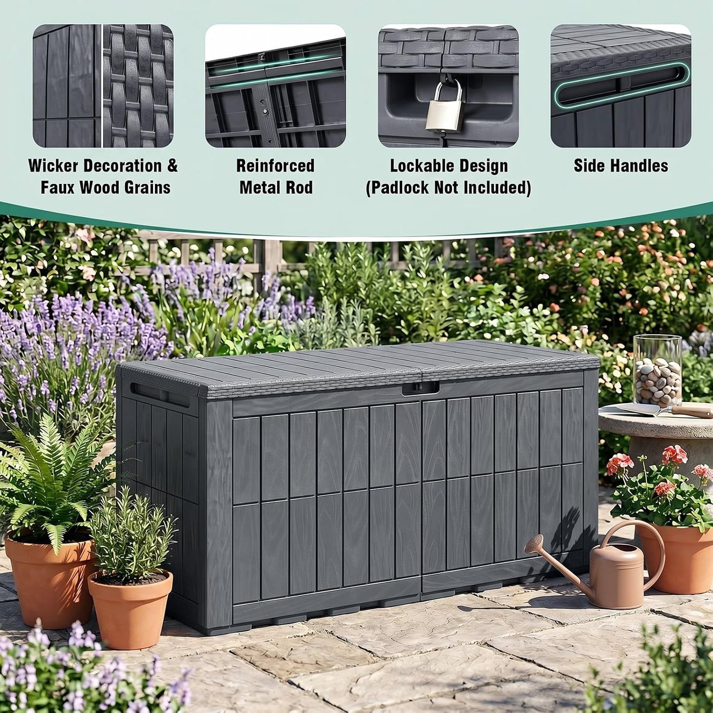 Tangkula 25 Gallon Waterproof Outdoor Storage Box with Lockable Lid | PP Resin, Wicker Patterned, Indoor Outdoor Use, Portable, Versatility, for Deck, Pool, Patio Cushions, Garden Tools