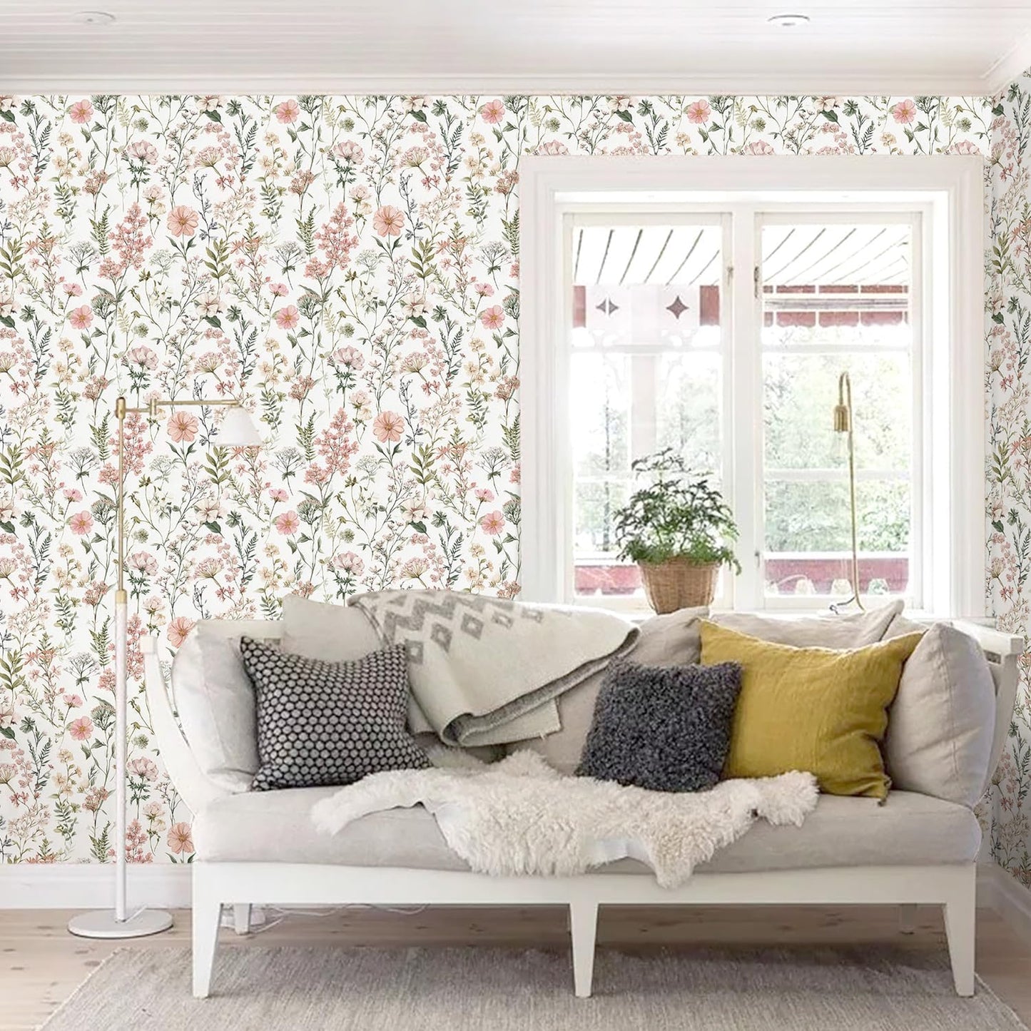 Orainege Pink Floral Peel and Stick Wallpaper Removable Self Adhesive Wallpaper 16.9inx118.1in Modern Wall Paper for Bedroom Bathroom Green Leaf Contact Paper for Cabinets