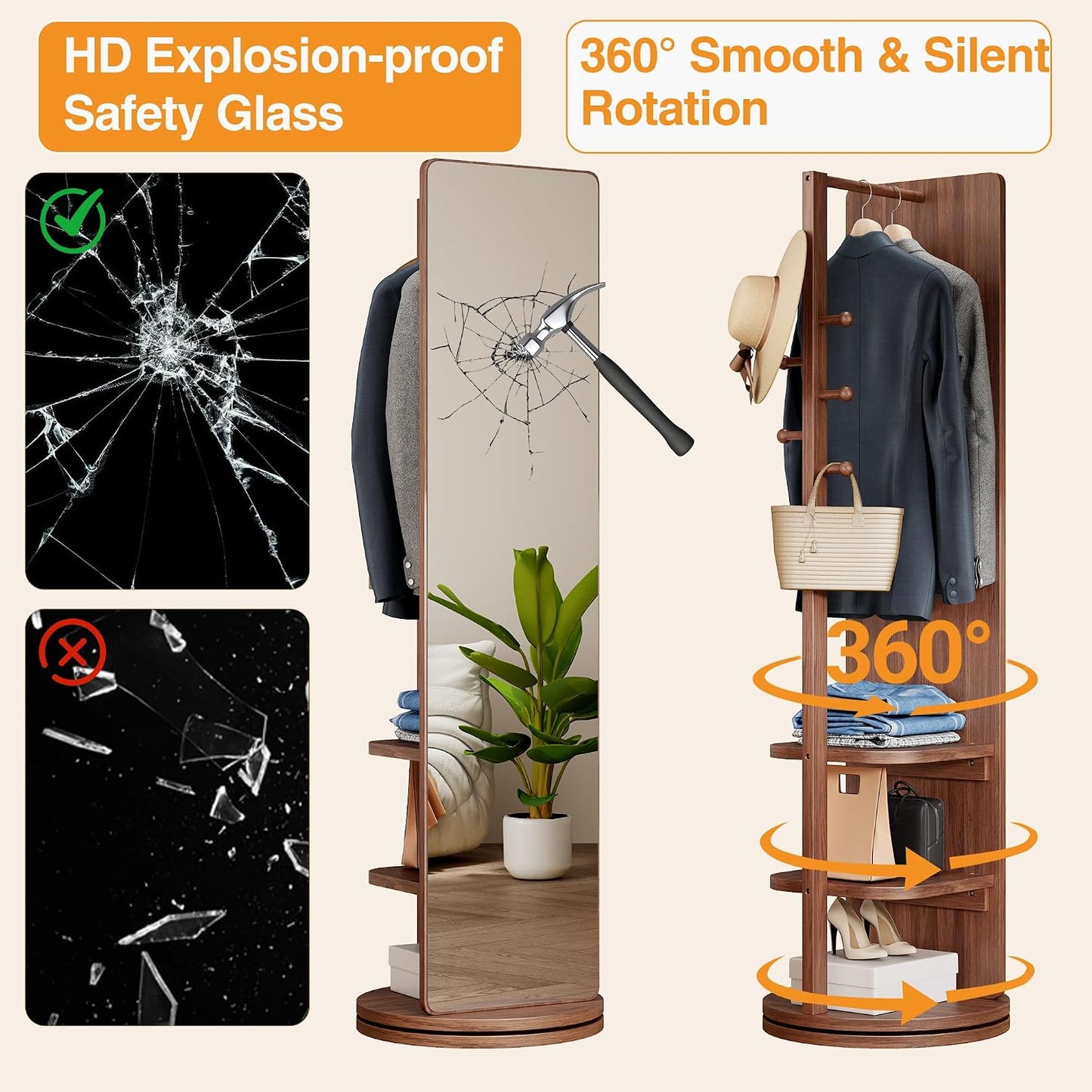 Full Length Mirror with Coat Rack & Storage, 360° Rotating Solid Wood Standing Floor Mirror with Shelves for Bedroom, Entryway, Dressing Room (Natural Wood, 66" x 18")
