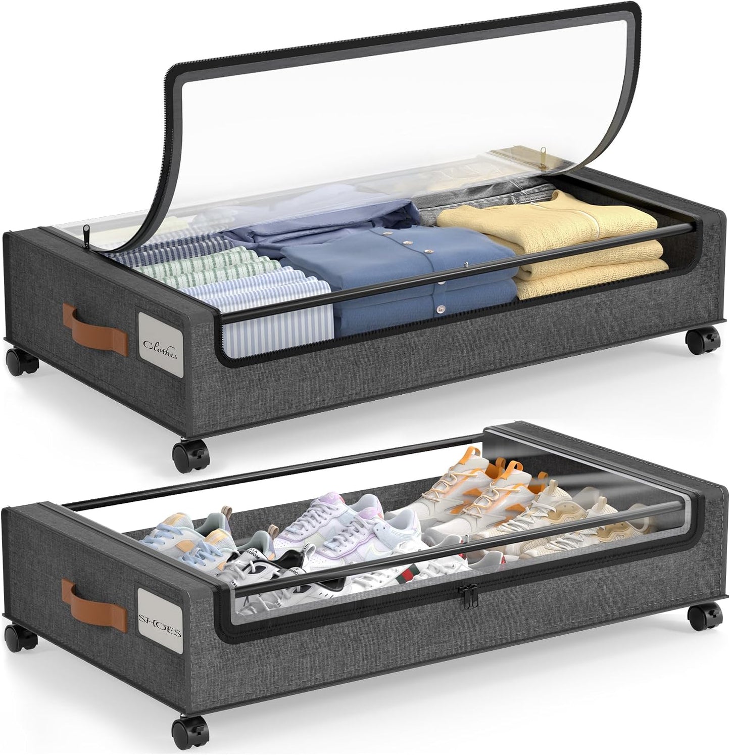 LAMU Under Bed Storage with Wheels, 2 Pack Under Bed Storage Containers with Clear Lid, XXL 60 L Underbed Storage Bins, Rolling Under Bed Metal Drawers for Clothes, Blankets, Shoes, Black