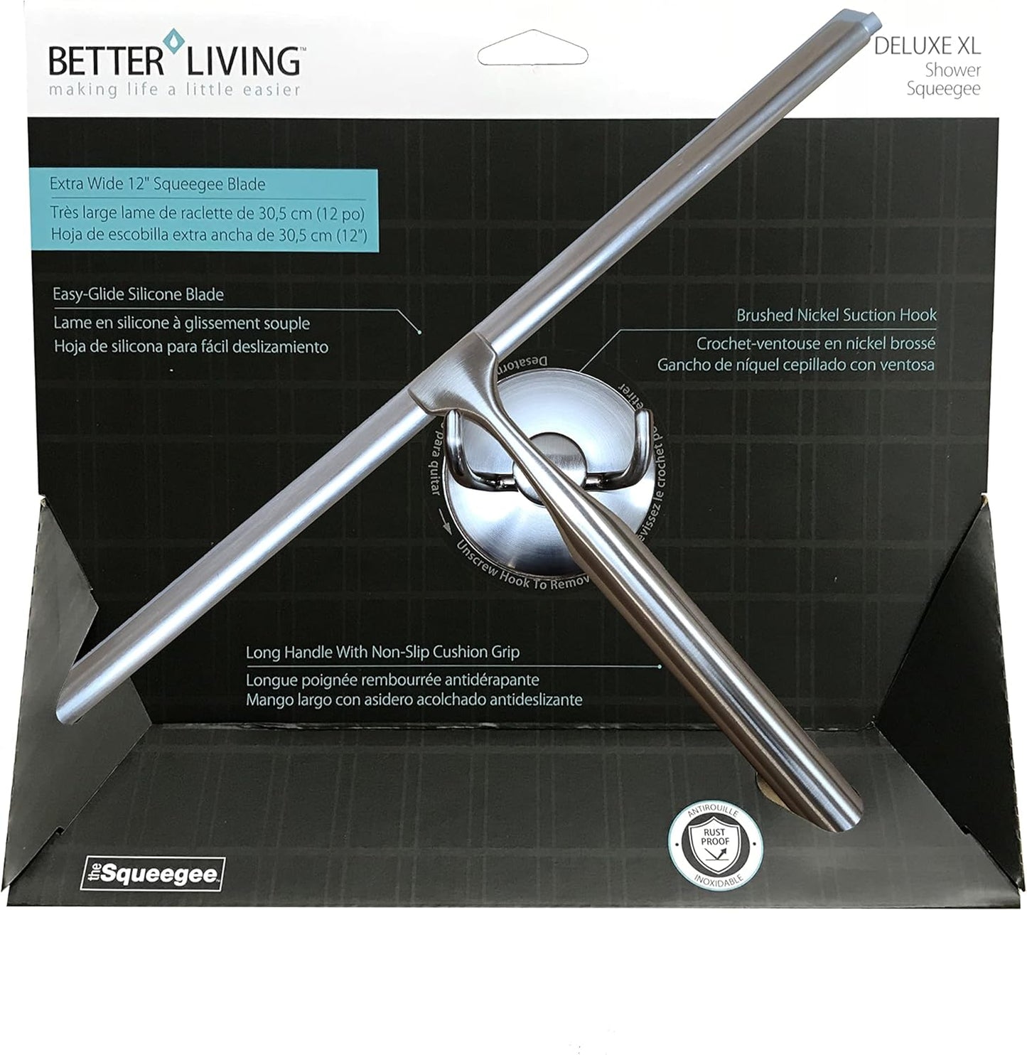 Better Living Deluxe XL Shower Squeegee, Multi-Purpose Silicone Squeegee Blade with Storage Hook, Rust-Proof Heavy Duty Window, Glass, Shower Scrubber, Windshield Wiper, 12", Brushed Nickel