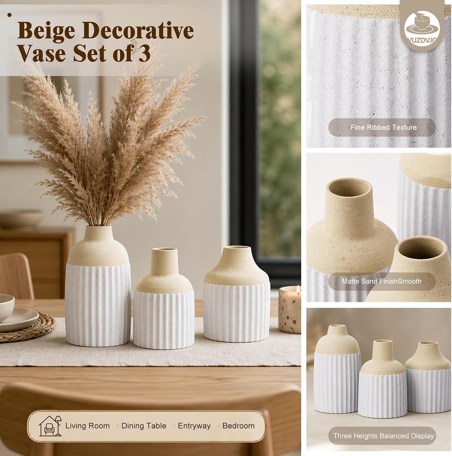 Beige Decorative Vase Set of 3 - Modern Boho Style Ribbed Ceramic Bud Vases for Flowers, Mini Small Vases for Shelf, Shelves, Bookshelf, Entryway Table & Home Decor Aesthetic (Beige White)