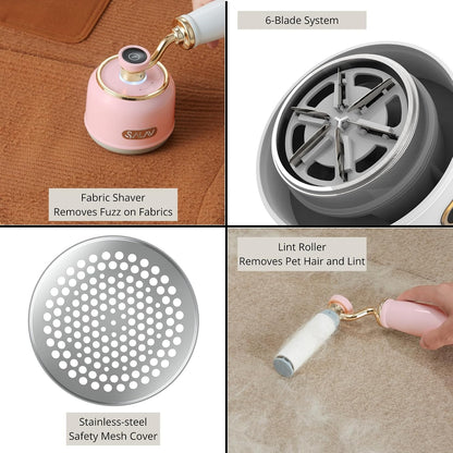 SALAV® Retro Edition 2-in-1 Rechargeable Fabric Shaver and Lint Roller, 6-Blade System, Removes Fuzz and Pilling on Fabrics, Includes Charging Cable (Rose)