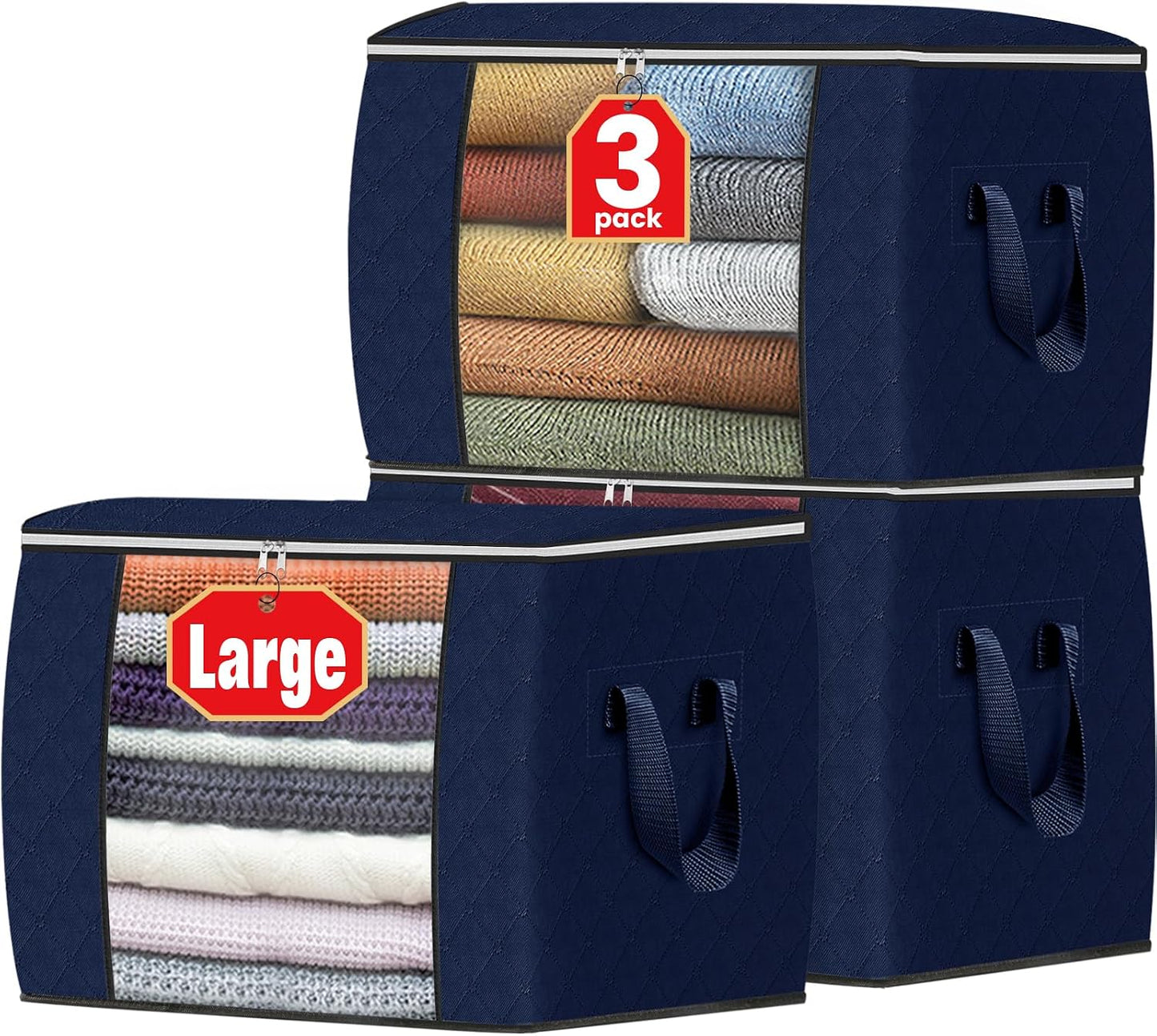 Fab totes 6 Pack Storage Bags for Clothes and Blanket, Foldable Closet Organizers and Storage with Zippers, Clear Window and Handles, Fabric Storage Bins for Sweater, Comforter, Bedding,Linen Sheets