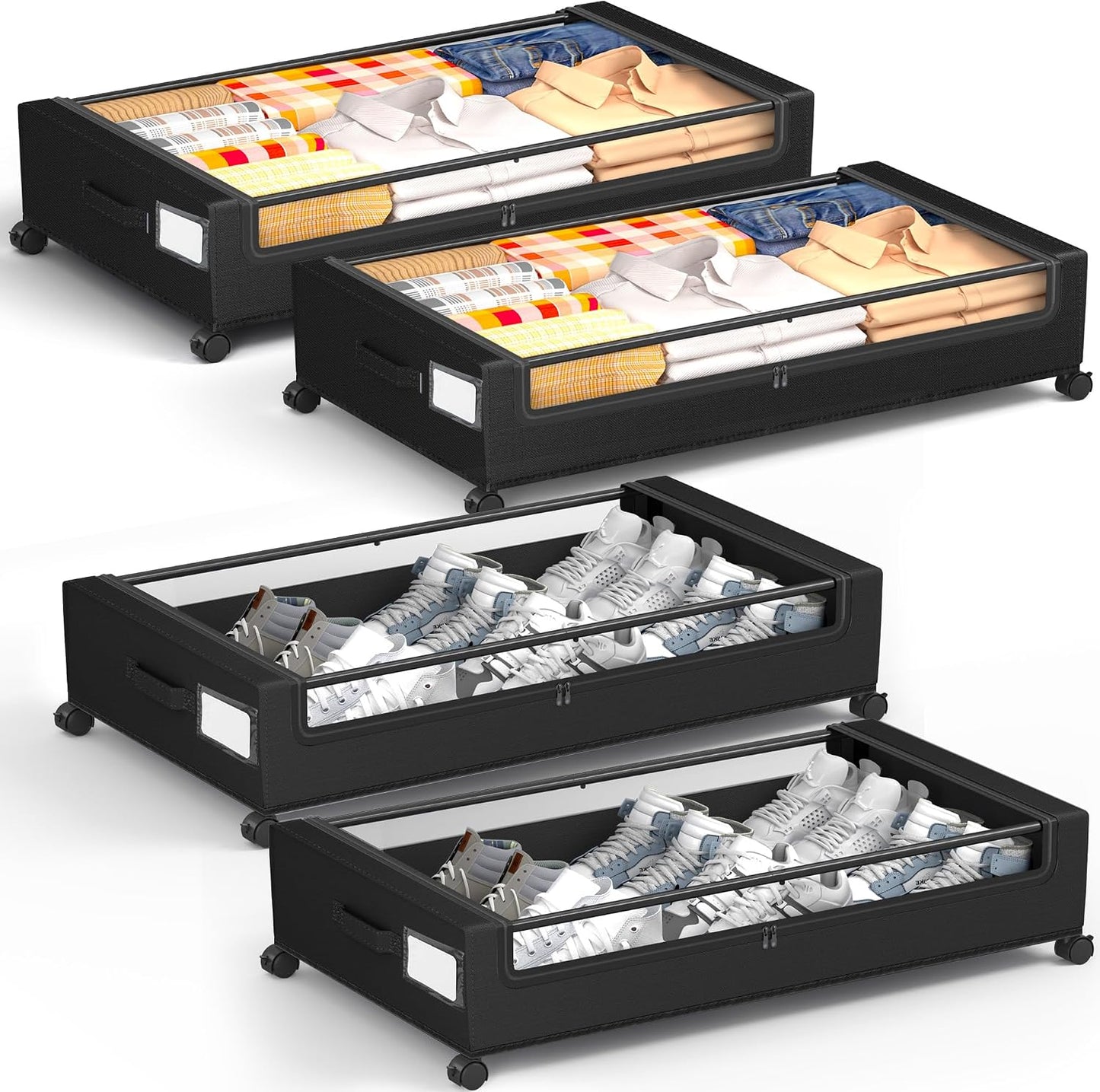 Under Bed Storage With Wheels, 2 Pack Square Containers, 60L Bins, Rolling Metal Drawer for Clothes, Blankets, Shoes
