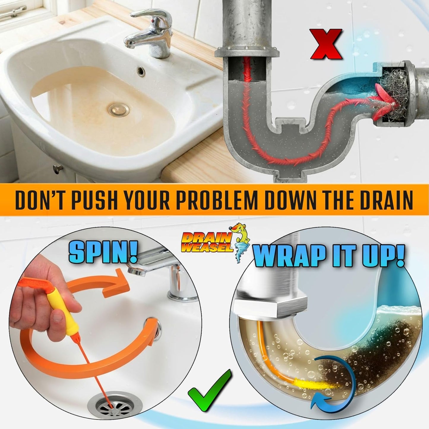FlexiSnake Drain Weasel PowerSnake Drain Hair Clog Remover Tool – Plumbing Snake Auger for Cleaning Shower, Tub, Bathroom with Drill Connector, Rotating Handle and 3 Wands, 36 Inches Long Made in USA