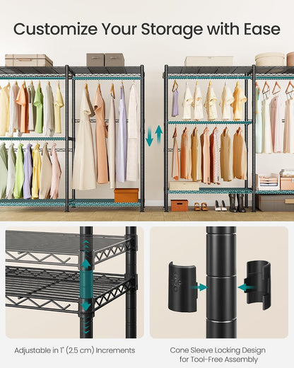 SONGMICS Heavy-Duty Clothes Rack, Garment Rack, Portable Closet, 68.7-Inch Wide Clothing Rack with Adjustable Mesh Shelves and Hanging Rails, Ink Black ULGR433B01