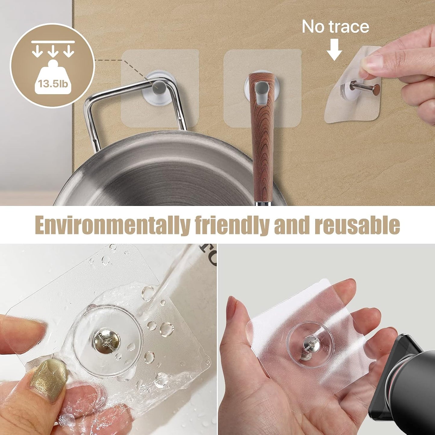 Reusable Adhesive Wall Hooks 13.5lbs(Max) Transparent , Waterproof and Oilproof For Bathroom Kitchen Heavy Duty 10 Pack