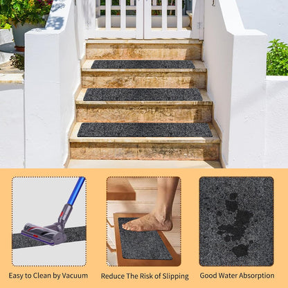 10 Pack Non-Slip Stair Treads for Wooden Steps, 6''x30'' Stair Carpet Treads Outdoor, Peel and Stick Stair Treads, Indoor Stair Runner Mats for Kids Elders & Pets with Reusable Adhesive