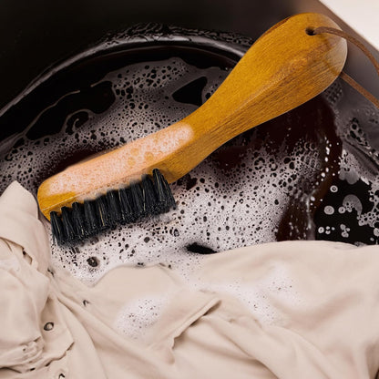 TAKAVU Laundry Stain Brush, Natural Black Boar Bristle, Safe on Delicates | Clothes Cleaning Scrubber, Stain Remover for Shirts, Collars, Cuffs & Shoes, Curved Beech Wood Handle with Hanging Loop