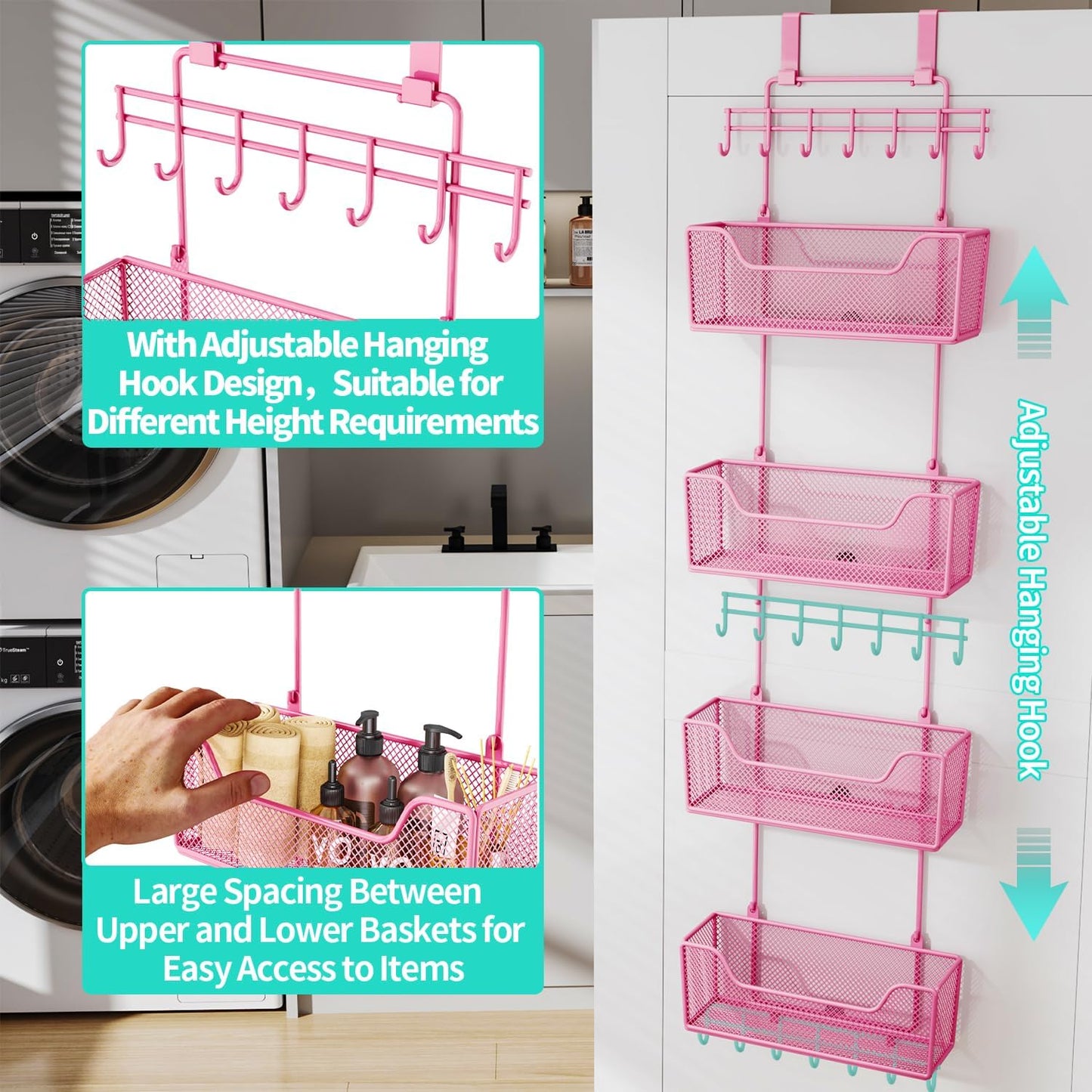 HapiRm Over The Door Organizer - Hanging Door Organizer with 4 Metal Large Capacity Baskets and Adjustable Coat Hook for Bathroom Bedroom Kitchen Pantry Closet Cabinet